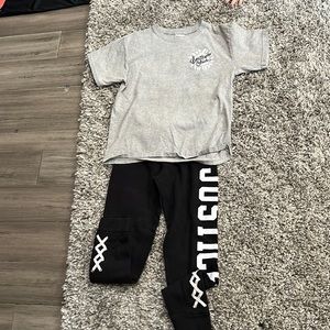 Grey volleyball shirt and black justice sweat pants